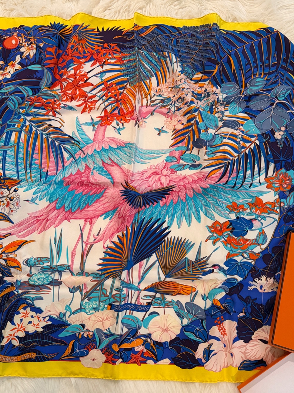 Hermes Pink & Blue Tropical Flamingo Silk Scarf